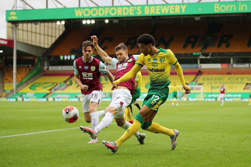 Jamal Lewis puts in a cross for Norwich vs Burnley